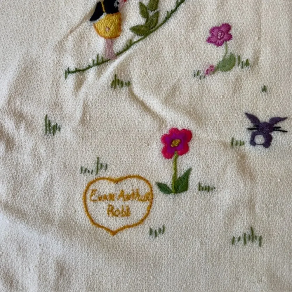 Vintage Embroidered Baby Blanket 33x51 Storybook Nursery Decor Heirloom
